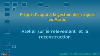 Atelier sur le relevement et la
reconstruction
Projet d’appui à la gestion des risques
au Maroc
Agadir 19-20 Décembre 2018
 