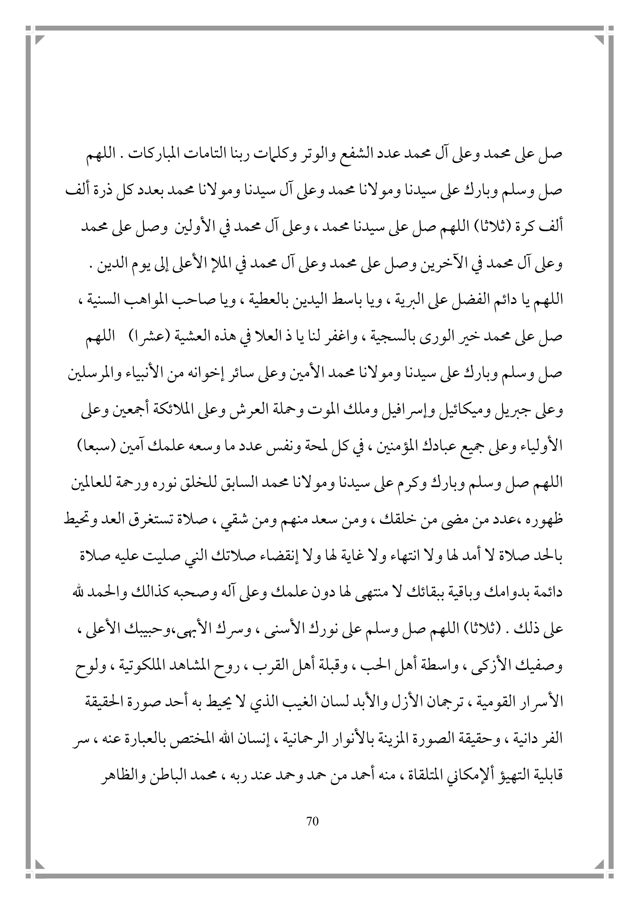 71
‫املباركات‬ ‫التامات‬ ‫ربنا‬ ‫وكلامت‬ ‫والوتر‬ ‫الشفع‬ ‫عدد‬ ‫حممد‬ ‫آل‬ ‫وعىل‬ ‫حممد‬ ‫عىل‬ ‫صل‬.‫ا‬‫للهم‬
‫ألف‬ ‫ذرة‬ ‫كل‬ ‫بعدد‬ ‫حممد‬ ‫وموالنا‬ ‫سيدنا‬ ‫آل‬ ‫وعىل‬ ‫حممد‬ ‫وموالنا‬ ‫سيدنا‬ ‫عىل‬ ‫وبارك‬ ‫وسلم‬ ‫صل‬
‫كر‬ ‫ألف‬‫ة‬(‫ثالثا‬)‫حممد‬ ‫عىل‬ ‫وصل‬ ‫األول ن‬ ‫يف‬ ‫حممد‬ ‫آل‬ ‫وعىل‬ ، ‫حممد‬ ‫سيدنا‬ ‫عىل‬ ‫صل‬ ‫اللهم‬
‫الدين‬ ‫يوم‬ ‫إىل‬ ‫األعىل‬ ‫املإل‬ ‫يف‬ ‫حممد‬ ‫آل‬ ‫وعىل‬ ‫حممد‬ ‫عىل‬ ‫وصل‬ ‫اآلخرين‬ ‫يف‬ ‫حممد‬ ‫آل‬ ‫وعىل‬.
‫يا‬ ‫اللهم‬، ‫السنية‬ ‫املواهب‬ ‫صاحب‬ ‫ويا‬ ، ‫بالعطية‬ ‫اليدين‬ ‫باسط‬ ‫ويا‬ ، ‫الربية‬ ‫عىل‬ ‫الفضل‬ ‫داتم‬
‫العشية‬ ‫هذه‬ ‫يف‬ ‫العال‬ ‫ذ‬ ‫يا‬ ‫لنا‬ ‫واغفر‬ ، ‫بالسجية‬ ‫الورى‬ ‫خري‬ ‫حممد‬ ‫عىل‬ ‫صل‬(‫عرشا‬)‫اللهم‬
‫واملرسل ن‬ ‫األنبياء‬ ‫من‬ ‫إخوانه‬ ‫ساتر‬ ‫وعىل‬ ‫األم ن‬ ‫حممد‬ ‫وموالنا‬ ‫سيدنا‬ ‫عىل‬ ‫وبارك‬ ‫وسلم‬ ‫صل‬
‫جربيل‬ ‫وعىل‬‫و‬‫مي‬‫كاتيل‬‫و‬‫ومحل‬ ‫املوت‬ ‫وملك‬ ‫إرسافيل‬‫ة‬‫وعىل‬ ‫أمجع ن‬ ‫املالتكة‬ ‫وعىل‬ ‫العرش‬
‫آم ن‬ ‫علمك‬ ‫وسعه‬ ‫ما‬ ‫عدد‬ ‫ونفس‬ ‫ملحة‬ ‫كل‬ ‫يف‬ ، ‫املؤمن ن‬ ‫عبادك‬ ‫مجيع‬ ‫وعىل‬ ‫األولياء‬(‫سبعا‬)
‫السابق‬ ‫حممد‬ ‫وموالنا‬ ‫سيدنا‬ ‫عىل‬ ‫وكرم‬ ‫وبارك‬ ‫وسلم‬ ‫صل‬ ‫اللهم‬‫للعامل ن‬ ‫ورمحة‬ ‫نوره‬ ‫للخلق‬
‫ظهور‬‫وم‬ ، ‫خلقك‬ ‫من‬ ‫مىض‬ ‫من‬ ‫،عدد‬ ‫ه‬‫وحتيط‬ ‫العد‬ ‫تستغرق‬ ‫صالة‬ ، ‫شقي‬ ‫ومن‬ ‫منهم‬ ‫سعد‬ ‫ن‬
‫صالة‬ ‫عليه‬ ‫صليت‬ ‫الني‬ ‫صالتك‬ ‫إنقضاء‬ ‫وال‬ ‫هلا‬ ‫غاية‬ ‫وال‬ ‫انتهاء‬ ‫وال‬ ‫هلا‬ ‫أمد‬ ‫ال‬ ‫صالة‬ ‫باحلد‬
‫هلل‬ ‫واحلمد‬ ‫كذالك‬ ‫وصحبه‬ ‫آله‬ ‫وعىل‬ ‫علمك‬ ‫دون‬ ‫هلا‬ ‫منتهى‬ ‫ال‬ ‫ببقاتك‬ ‫وباقية‬ ‫بدوامك‬ ‫داتمة‬
‫ذلك‬ ‫عىل‬( .‫ثالثا‬)‫األسنى‬ ‫نورك‬ ‫عىل‬ ‫وسلم‬ ‫صل‬ ‫اللهم‬، ‫األعىل‬ ‫األهبى،وحبيبك‬ ‫ورسك‬ ،
‫املشاهد‬ ‫روح‬ ، ‫القرب‬ ‫أهل‬ ‫وقبلة‬ ، ‫احلب‬ ‫أهل‬ ‫واسطة‬ ، ‫األزكى‬ ‫وصفيك‬‫ولوح‬ ، ‫امللكوتية‬
‫األ‬‫احلقيقة‬ ‫صورة‬ ‫أحد‬ ‫به‬ ‫حييط‬ ‫ال‬ ‫الذي‬ ‫الغيب‬ ‫لسان‬ ‫واألبد‬ ‫األزل‬ ‫ترمجان‬ ، ‫القومية‬ ‫رسار‬
‫اهلل‬ ‫إنسان‬ ، ‫الرمحانية‬ ‫باألنوار‬ ‫املزينة‬ ‫الصورة‬ ‫وحقيقة‬ ، ‫دانية‬ ‫الفر‬‫رس‬ ، ‫عنه‬ ‫بالعبارة‬ ‫املختص‬
‫قابلية‬‫ال‬‫ت‬‫ه‬‫يؤ‬‫أإلمكا‬‫ين‬‫املتلقاة‬،‫الباطن‬ ‫حممد‬ ، ‫ربه‬ ‫عند‬ ‫ومحد‬ ‫محد‬ ‫من‬ ‫أمحد‬ ‫منه‬‫و‬‫الظاهر‬
 