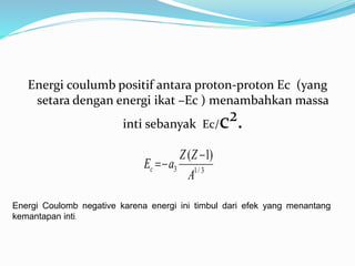 Energi coulumb positif antara proton-proton Ec (yang
setara dengan energi ikat –Ec ) menambahkan massa
inti sebanyak Ec/c².
3/13
)1(
A
ZZ
aEc


Energi Coulomb negative karena energi ini timbul dari efek yang menantang
kemantapan inti.
 