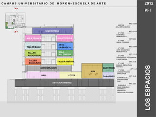 NPT +22.20
6 º PISO
CAFETERIA
HEMEROTECA
NPT18.50
NPT +14.80
NPT +11.10
NPT +7.40
NPT +4.10
NPT +0.40
NPT +25.90
AZOTEA
5 º PISO
AULAS TEORICAS
4 º PISO
ARTE DRAMATICO
MUSICA-BAILE
3 º PISO
AUDIOVISUAL-FOTOGRAFIA
S. MULTIMEDIA
2 º PISO
DIBUJO - ESCULTURA
PINTURA
1 º PISO
ADMINISTRACION
DIRECTIVOS
SALA DE MAQUINAS
PLANTA BAJA
EXPOSICIONES
SUM
NPT -3.30
SUBSUELO
SALA MAQUINAS
COCHERAS
DEPOSITOS
SERVICIOS PERSONAL
C A M P U S U N I V E R S I T A R I O D E M O R O N – E S C U E L A D E A R T E 2012
PFI
LOSESPACIOS
AA
HALL
ADMNISTRACION
TALLER
ESCULTURA
TALLER
AUDIOVISUAL
TALLER BAILE
HEMEROTECA
AULA TEORICA
ARTE
DRAMATICO
SALA
MULTIMEDIA
TALLER PINTURA
AULA TEORICA
FOYER
SUM
SANITARIOS
CAMARINES
ESTACIONAMIENTO
 