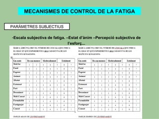 MECANISMES DE CONTROL DE LA FATIGA

PARÀMETRES SUBJECTIUS

-Escala subjectiva de fatiga. –Estat d’ànim –Percepció subjectiva de
                               l’esforç...
 