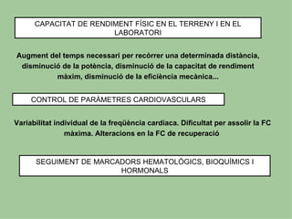 CAPACITAT DE RENDIMENT FÍSIC EN EL TERRENY I EN EL
                        LABORATORI


Augment del temps necessari per recórrer una determinada distància,
 disminució de la potència, disminució de la capacitat de rendiment
          màxim, disminució de la eficiència mecànica...


     CONTROL DE PARÀMETRES CARDIOVASCULARS


Variabilitat individual de la freqüència cardíaca. Dificultat per assolir la FC
                màxima. Alteracions en la FC de recuperació


      SEGUIMENT DE MARCADORS HEMATOLÓGICS, BIOQUÍMICS I
                        HORMONALS
 