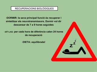 RECUPERACIONS BIOLÒGIQUES


 -DORMIR: la seva principal funció és recuperar i
 sintetitzar els neurotransmissors. Dormir vol dir
         descansar de 7 a 9 hores seguides

-JET-LAG:   per cada hora de diferència calen 24 hores
                     de recuperació

                  -DIETA: equilibrada!
 