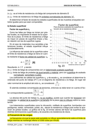 ESTABILIDAD  DISCOS DE ROTACIÓN
FATIGA_2011_d.doc - 14/11/2011 06:35:00 - 15 -
siendo:
(-1)D : es el imite de resistencia a la fatiga del componente de diámetro D
(-1)d : límite de resistencia a la fatiga de probetas normalizadas de diámetro “d”.
Al determinar el factor de escala los estados superficiales de las muestras ensayadas son
todos iguales para que sean comparables.
b) Estado superficial
Factor de superficie s
Como las fallas por fatiga se inician por grie-
tas locales, es importante el estado de la super-
ficie de la pieza. El límite de resistencia a fatiga
es mayor en piezas de superficie limpia y lisa,
en relación con las de superficie rugosa.
En el caso de materiales muy sensibles a las
tensiones locales, el estado superficial influye
considerablemente.
La influencia del estado de la superficie sobre
el límite de resistencia a fatiga se tiene en cuen-
ta mediante el factor de calidad de superficie s
1
1
( )
( )
s
s





 [8]
Resultando 1s  y siendo:
(-1) : límite de fatiga de componentes con un determinado acabado superficial.
(-1)s: límite de fatiga de probetas de igual tamaño y material, pero con superficie de acabado
normalizado: esmerilado ó pulido.
Los coeficientes de calidad de superficie s y de escala e, se consideran al determinar la
ordenada del punto de trabajo (P.T.) en el diagrama de resistencia a la fatiga. En lugar del
valor nominal de la amplitud del ciclo a, se considerará:
a
s e

 
.
Si además existiese concentración de tensiones, entonces se debe tener en cuenta el fac-
tor correspondiente quedando:
( 1)e
a
s e
k

 



La abscisa del punto de trabajo m no se modifica, puesto que cuando las tensiones son
constantes, la calidad de la superficie ó el tamaño de la pieza casi no influyen sobre su resis-
tencia.
Los tratamientos superficiales como la nitruración, rodillado de superficie, bombardeo con
perdigones, batido, cementado, pulido, etc., elevan la resistencia a fatiga pues evitan la apa-
rición de grietas locales. La gráfica de la fig. 23 brinda valores del factor de superficie para
distintas terminaciones superficiales y de acuerdo a la resistencia de rotura.
c) Frecuencia de las cargas.
La frecuencia a la que la pieza está sometida no influye apreciablemente sobre el límite de
fatiga mientras se mantenga inferior a 5.000 ciclos por minuto.
90
0,1
0,2
0,3
0,4
0,5
0,6
0,7
0,8
0,9
1,0
100100807060504030 120 140 160 180
Mecanizado o estirado en frio
Grond (colado)
Pulido
Laminado en caliente
En bruto de forjaCorroido en agua dulce
Corroido en agua salada
resistencia última en kgf/mm2
fig. 23
Para diversos acabados de superficie en
función de la resistencia última
s
R
 