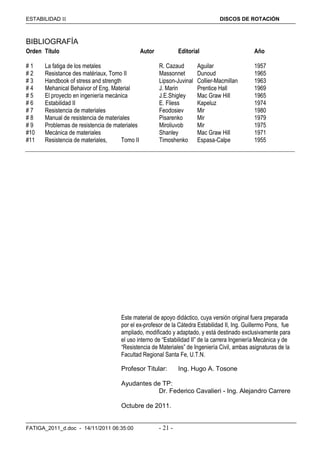 ESTABILIDAD  DISCOS DE ROTACIÓN
FATIGA_2011_d.doc - 14/11/2011 06:35:00 - 21 -
BIBLIOGRAFÍA
Orden Título Autor Editorial Año
# 1 La fatiga de los metales R. Cazaud Aguilar 1957
# 2 Resistance des matériaux, Tomo II Massonnet Dunoud 1965
# 3 Handbook of stress and strength Lipson-Juvinal Collier-Macmillan 1963
# 4 Mehanical Behaivor of Eng. Material J. Marin Prentice Hall 1969
# 5 El proyecto en ingeniería mecánica J.E.Shigley Mac Graw Hill 1965
# 6 Estabilidad II E. Fliess Kapeluz 1974
# 7 Resistencia de materiales Feodosiev Mir 1980
# 8 Manual de resistencia de materiales Pisarenko Mir 1979
# 9 Problemas de resistencia de materiales Miroliuvob Mir 1975
#10 Mecánica de materiales Shanley Mac Graw Hill 1971
#11 Resistencia de materiales, Tomo II Timoshenko Espasa-Calpe 1955
Este material de apoyo didáctico, cuya versión original fuera preparada
por el ex-profesor de la Cátedra Estabilidad II, Ing. Guillermo Pons, fue
ampliado, modificado y adaptado, y está destinado exclusivamente para
el uso interno de “Estabilidad II” de la carrera Ingeniería Mecánica y de
“Resistencia de Materiales” de Ingeniería Civil, ambas asignaturas de la
Facultad Regional Santa Fe, U.T.N.
Profesor Titular: Ing. Hugo A. Tosone
Ayudantes de TP:
Dr. Federico Cavalieri - Ing. Alejandro Carrere
Octubre de 2011.
 