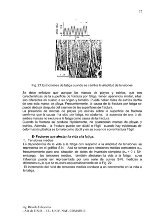 Ing. Ricardo Echevarria
LAB. de E.N.D. – F.I.- UNIV. NAC. COMAHUE
22
Fig. 21.Estricciones de fatiga cuando se cambia la amplitud de tensiones
Se debe enfatizar que aunque las marcas de playas y estrías, que son
características de la superficie de fractura por fatiga, tienen apariencia similar, ellas
son diferentes en cuanto a su origen y tamaño. Puede haber miles de estrías dentro
de una sola marca de playa. Frecuentemente, la causa de la fractura por fatiga se
puede deducir después del examen de las superficies de fractura.
La presencia de marcas de playas y/o estrías sobre la superficie de fractura
confirma que la causa ha sido por fatiga, no obstante, la ausencia de una o de
ambas marcas no excluye a la fatiga como causa de la fractura.
Cuando la fractura se produce rápidamente, no aparecerán marcas de playas y
estrías. Además , la fractura puede ser dúctil o frágil; cuando hay evidencias de
deformación plástica se tomara como dúctil y en su ausencia como fractura frágil.
E- Factores que afectan la vida a la fatiga.
1. Tensiones medias
La dependencia de la vida a la fatiga con respecto a la amplitud de tensiones se
representa en el gráfico S-N. Acá se toman para tensiones medias constantes σm,
frecuentemente para una situación de ciclos de inversión completa (σm = 0 ). Sin
embargo, las tensiones medias, también afectaran la vida a la fatiga, cuya
influencia puede ser representada por una serie de curvas S-N, medidas a
diferentes σm lo que se muestra esquemáticamente en la Fig. 22.
El incremento del nivel de tensiones medias conduce a un decremento en la vida a
la fatiga.
 