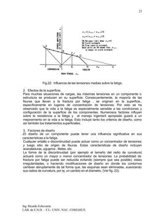 Ing. Ricardo Echevarria
LAB. de E.N.D. – F.I.- UNIV. NAC. COMAHUE
23
Fig.22: Influencia de las tensiones medias sobre la fatiga.
2. Efectos de la superficie.
Para muchas situaciones de cargas, las máximas tensiones en un componente o
estructura se producen en su superficie. Consecuentemente, la mayoría de las
fisuras que llevan a la fractura por fatiga , se originan en la superficie.,
específicamente en lugares de concentración de tensiones. Por esto se ha
observado que la vida a la fatiga es especialmente sensible a las condiciones y
configuración de la superficie de los componentes. Numerosos factores influyen
sobre la resistencia a la fatiga y el manejo ingenieril apropiado guiará a un
mejoramiento en la vida a la fatiga. Esto incluye tanto los criterios de diseño, como
así también los tratamientos superficiales.
3. Factores de diseño
.El diseño de un componente puede tener una influencia significativa en sus
características a la fatiga.
Cualquier entalla o discontinuidad puede actuar como un concentrador de tensiones
y luego sitio de origen de fisuras. Estas características de diseño incluyen
acanaladuras, agujeros , filetes, etc.
La forma de la discontinuidad (por ejemplo el tamaño del radio de curvatura)
actuará como un mayor o menor concentrador de tensiones. La probabilidad de
fractura por fatiga puede ser reducida evitando (siempre que sea posible), estas
irregularidades, o haciendo modificaciones de diseño en donde los contornos
cambian abruptamente de tal forma que, las esquinas sean eliminadas, suavizando
sus radios de curvatura, por ej. un cambio en el díametro. (Ver fig. 23).
 