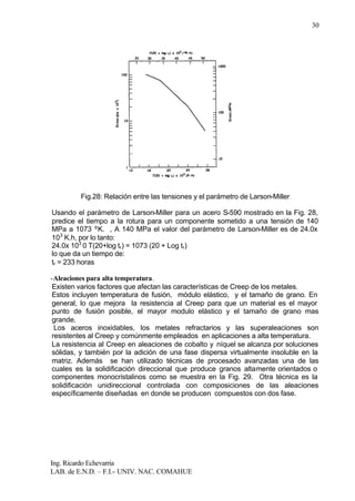 Ing. Ricardo Echevarria
LAB. de E.N.D. – F.I.- UNIV. NAC. COMAHUE
30
Fig.28: Relación entre las tensiones y el parámetro de Larson-Miller
Usando el parámetro de Larson-Miller para un acero S-590 mostrado en la Fig. 28,
predice el tiempo a la rotura para un componente sometido a una tensión de 140
MPa a 1073 ºK. , A 140 MPa el valor del parámetro de Larson-Miller es de 24.0x
103
K.h, por lo tanto:
24.0x 103
0 T(20+log tr) = 1073 (20 + Log tr)
lo que da un tiempo de:
tr = 233 horas
-Aleaciones para alta temperatura.
Existen varios factores que afectan las características de Creep de los metales.
Estos incluyen temperatura de fusión, módulo elástico, y el tamaño de grano. En
general, lo que mejora la resistencia al Creep para que un material es el mayor
punto de fusión posible, el mayor modulo elástico y el tamaño de grano mas
grande.
Los aceros inoxidables, los metales refractarios y las superaleaciones son
resistentes al Creep y comúnmente empleados en aplicaciones a alta temperatura.
La resistencia al Creep en aleaciones de cobalto y níquel se alcanza por soluciones
sólidas, y también por la adición de una fase dispersa virtualmente insoluble en la
matriz. Además se han utilizado técnicas de procesado avanzadas una de las
cuales es la solidificación direccional que produce granos altamente orientados o
componentes monocristalinos como se muestra en la Fig. 29. Otra técnica es la
solidificación unidireccional controlada con composiciones de las aleaciones
específicamente diseñadas en donde se producen compuestos con dos fase.
 