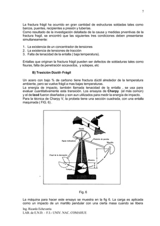 Ing. Ricardo Echevarria
LAB. de E.N.D. – F.I.- UNIV. NAC. COMAHUE
7
La fractura frágil ha ocurrido en gran cantidad de estructuras soldadas tales como
barcos, puentes, recipientes a presión y tuberías.
Como resultado de la investigación detallada de la causa y medidas prventivas de la
fractura fragil, se encontró que las siguientes tres condiciones deben presentarse
simultaneamente:
1. La existencia de un concentrador de tensiones
2. La existencia de tensiones de tracción
3. Falta de tenacidad de la entalla ( baja temperatura).
Entallas que originan la fractura frágil pueden ser defectos de soldaduras tales como
fisuras, falta de penetración socavados, y solapes, etc
B) Trasición Dúctil- Frágil
Un acero con bajo % de carbono tiene fractura dúctil alrededor de la temperatura
ambiente, pero se vuelve frágil a mas bajas temperaturas.
La energía de impacto, también llamada tenacidad de la entalla , se usa para
evaluar cuantitativamente esta transición. Los ensayos de Charpy (el más común)
y el de Izod fueron diseñados y son aun utilizados para medir la energía de impacto.
Para la técnica de Charpy V, la probeta tiene una sección cuadrada, con una entalla
maquinada ( FIG. 6) .
Fig. 6
La máquina para hacer este ensayo se muestra en la fig 6. La carga es aplicada
como un impacto de un martillo pendular con una cierta masa cuando se libera
 