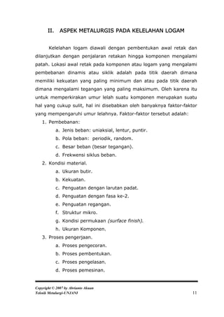 II.    ASPEK METALURGIS PADA KELELAHAN LOGAM


       Kelelahan logam diawali dengan pembentukan awal retak dan
dilanjutkan dengan penjalaran retakan hingga komponen mengalami
patah. Lokasi awal retak pada komponen atau logam yang mengalami
pembebanan dinamis atau siklik adalah pada titik daerah dimana
memiliki kekuatan yang paling minimum dan atau pada titik daerah
dimana mengalami tegangan yang paling maksimum. Oleh karena itu
untuk memperkirakan umur lelah suatu komponen merupakan suatu
hal yang cukup sulit, hal ini disebabkan oleh banyaknya faktor-faktor
yang mempengaruhi umur lelahnya. Faktor-faktor tersebut adalah:
   1. Pembebanan:
             a. Jenis beban: uniaksial, lentur, puntir.
             b. Pola beban: periodik, random.
             c. Besar beban (besar tegangan).
             d. Frekwensi siklus beban.
   2. Kondisi material.
             a. Ukuran butir.
             b. Kekuatan.
             c. Penguatan dengan larutan padat.
             d. Penguatan dengan fasa ke-2.
             e. Penguatan regangan.
             f. Struktur mikro.
             g. Kondisi permukaan (surface finish).
             h. Ukuran Komponen.
   3. Proses pengerjaan.
             a. Proses pengecoran.
             b. Proses pembentukan.
             c. Proses pengelasan.
             d. Proses pemesinan.


Copyright © 2007 by Abrianto Akuan
Teknik Metalurgi-UNJANI                                            11
 