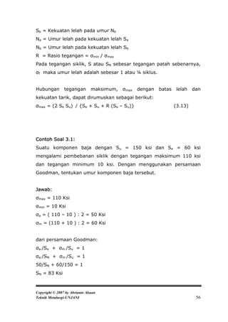Sb = Kekuatan lelah pada umur Nb
Na = Umur lelah pada kekuatan lelah Sa
Nb = Umur lelah pada kekuatan lelah Sb
R = Rasio tegangan = σmin / σmax
Pada tegangan siklik, S atau SN sebesar tegangan patah sebenarnya,
σf maka umur lelah adalah sebesar 1 atau ¼ siklus.


Hubungan        tegangan       maksimum,   σmax   dengan   batas    lelah   dan
kekuatan tarik, dapat dirumuskan sebagai berikut:
σmax = (2 Se Su) / {Se + Su + R (Se – Su)}                         (3.13)




Contoh Soal 3.1:
Suatu komponen baja dengan Su = 150 ksi dan Se = 60 ksi
mengalami pembebanan siklik dengan tegangan maksimum 110 ksi
dan tegangan minimum 10 ksi. Dengan menggunakan persamaan
Goodman, tentukan umur komponen baja tersebut.


Jawab:
σmax = 110 Ksi
σmin = 10 Ksi
σa = ( 110 – 10 ) : 2 = 50 Ksi
σm = (110 + 10 ) : 2 = 60 Ksi


dari persamaan Goodman:
σa /Se + σm /Su = 1
σa /SN + σm /Su = 1
50/SN + 60/150 = 1
SN = 83 Ksi



Copyright © 2007 by Abrianto Akuan
Teknik Metalurgi-UNJANI                                                      56
 