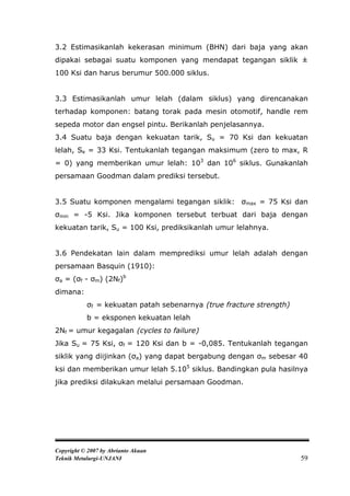 3.2 Estimasikanlah kekerasan minimum (BHN) dari baja yang akan
dipakai sebagai suatu komponen yang mendapat tegangan siklik ±
100 Ksi dan harus berumur 500.000 siklus.


3.3 Estimasikanlah umur lelah (dalam siklus) yang direncanakan
terhadap komponen: batang torak pada mesin otomotif, handle rem
sepeda motor dan engsel pintu. Berikanlah penjelasannya.
3.4 Suatu baja dengan kekuatan tarik, Su = 70 Ksi dan kekuatan
lelah, Se = 33 Ksi. Tentukanlah tegangan maksimum (zero to max, R
= 0) yang memberikan umur lelah: 103 dan 106 siklus. Gunakanlah
persamaan Goodman dalam prediksi tersebut.


3.5 Suatu komponen mengalami tegangan siklik: σmax = 75 Ksi dan
σmin = -5 Ksi. Jika komponen tersebut terbuat dari baja dengan
kekuatan tarik, Su = 100 Ksi, prediksikanlah umur lelahnya.


3.6 Pendekatan lain dalam memprediksi umur lelah adalah dengan
persamaan Basquin (1910):
σa = (σf - σm) (2Nf)b
dimana:
           σf = kekuatan patah sebenarnya (true fracture strength)
           b = eksponen kekuatan lelah
2Nf = umur kegagalan (cycles to failure)
Jika Su = 75 Ksi, σf = 120 Ksi dan b = -0,085. Tentukanlah tegangan
siklik yang diijinkan (σa) yang dapat bergabung dengan σm sebesar 40
ksi dan memberikan umur lelah 5.105 siklus. Bandingkan pula hasilnya
jika prediksi dilakukan melalui persamaan Goodman.




Copyright © 2007 by Abrianto Akuan
Teknik Metalurgi-UNJANI                                              59
 