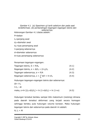 Gambar 4.1 (a) Spesimen uji tarik sebelum dan pada saat
    terdeformasi. (b) perbandingan tegangan-regangan teknis dan
                            sebenarnya.
Keterangan Gambar 4.1 diatas adalah:
P=beban
lo=panjang awal
do=diameter awal
Ao=luas penampang awal
l=panjang sebenarnya
d=diameter sebenarnya
A=luas penampang sebenarnya


Persamaan tegangan-regangan:
Tegangan teknis, S = P/Ao                                              (4.1)
Regangan teknis, e = ∆l/lo = (l-lo)/lo                                 (4.2)
Tegangan sebenarnya, σ = P/A                                           (4.3)
Regangan sebenarnya, ε = ∫l dl/l = ln l/lo                             (4.4)
                                      lo

Hubungan tegangan-regangan teknis dan sebenarnya:
∆l= l-lo
l=lo - ∆l
maka, ε=ln [(lo+∆l)/lo] = ln (1+∆l/lo) = ln (1+e)                      (4.5)


Hubungan tersebut berlaku sampai titik maksimum (necking) dimana
pada     daerah     tersebut         deformasi   yang   terjadi   secara   homogen
sehingga berlaku pula hubungan volume konstan. Maka hubungan
tegangan teknis dan sebenarnya pada daerah ini adalah:
Ao lo = Al


Copyright © 2007 by Abrianto Akuan
Teknik Metalurgi-UNJANI                                                         61
 