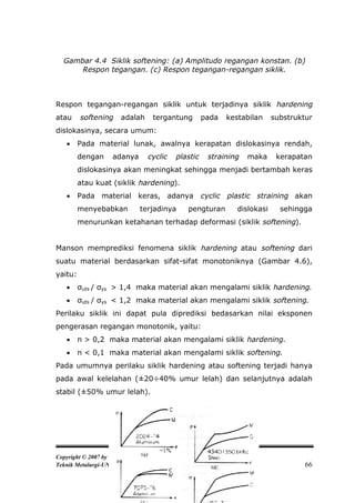 Gambar 4.4 Siklik softening: (a) Amplitudo regangan konstan. (b)
      Respon tegangan. (c) Respon tegangan-regangan siklik.



Respon tegangan-regangan siklik untuk terjadinya siklik hardening
atau     softening     adalah        tergantung     pada   kestabilan     substruktur
dislokasinya, secara umum:
        Pada material lunak, awalnya kerapatan dislokasinya rendah,
         dengan     adanya       cyclic   plastic    straining   maka      kerapatan
         dislokasinya akan meningkat sehingga menjadi bertambah keras
         atau kuat (siklik hardening).
        Pada material keras, adanya cyclic plastic straining akan
         menyebabkan          terjadinya     pengturan        dislokasi     sehingga
         menurunkan ketahanan terhadap deformasi (siklik softening).


Manson memprediksi fenomena siklik hardening atau softening dari
suatu material berdasarkan sifat-sifat monotoniknya (Gambar 4.6),
yaitu:
        σuts / σys > 1,4 maka material akan mengalami siklik hardening.
        σuts / σys < 1,2 maka material akan mengalami siklik softening.
Perilaku siklik ini dapat pula diprediksi bedasarkan nilai eksponen
pengerasan regangan monotonik, yaitu:
        n > 0,2 maka material akan mengalami siklik hardening.
        n < 0,1 maka material akan mengalami siklik softening.
Pada umumnya perilaku siklik hardening atau softening terjadi hanya
pada awal kelelahan (±20÷40% umur lelah) dan selanjutnya adalah
stabil (±50% umur lelah).




Copyright © 2007 by Abrianto Akuan
Teknik Metalurgi-UNJANI                                                            66
 