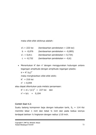 maka sifat-sifat sikliknya adalah:


        σ’f = 222 ksi          (berdasarkan pendekatan = 228 ksi)
         b = -0,076            (berdasarkan pendekatan = -0,085)
        ε’f = 0,811            (berdasarkan pendekatan = 0,734)
         c = -0,732            (berdasarkan pendekatan = -0,6)


      Menentukan K’ dan n’ dengan menggunakan hubungan antara
       tegangan amplitudo dengan amplitudo regangan plastis:
       σ = K’ (εp)n’
       maka menghasilkan sifat-sifat siklik:
       K’ = 216 ksi
       n’ = 0,094
atau dapat ditentukan pula melalui persamaan:
       K’ = σ’f / (ε’f)n’ = 227 ksi      dan
       n’ = b/c       =    0,104




Contoh Soal 4.2:
Suatu batang komponen baja dengan kekuatan tarik, Su = 114 Ksi
memiliki lebar 1 inch dan tebal ¼ inch dan pada kedua sisinya
terdapat takikan ½ lingkaran dengan radius 1/10 inch.



Copyright © 2007 by Abrianto Akuan
Teknik Metalurgi-UNJANI                                             73
 