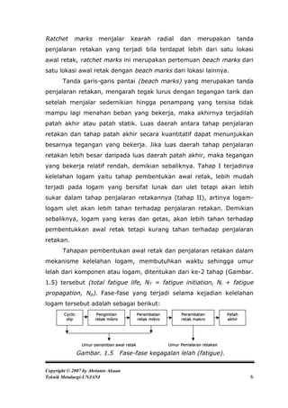 Ratchet      marks        menjalar        kearah        radial    dan     merupakan        tanda
penjalaran retakan yang terjadi bila terdapat lebih dari satu lokasi
awal retak, ratchet marks ini merupakan pertemuan beach marks dari
satu lokasi awal retak dengan beach marks dari lokasi lainnya.
       Tanda garis-garis pantai (beach marks) yang merupakan tanda
penjalaran retakan, mengarah tegak lurus dengan tegangan tarik dan
setelah menjalar sedemikian hingga penampang yang tersisa tidak
mampu lagi menahan beban yang bekerja, maka akhirnya terjadilah
patah akhir atau patah statik. Luas daerah antara tahap penjalaran
retakan dan tahap patah akhir secara kuantitatif dapat menunjukkan
besarnya tegangan yang bekerja. Jika luas daerah tahap penjalaran
retakan lebih besar daripada luas daerah patah akhir, maka tegangan
yang bekerja relatif rendah, demikian sebaliknya. Tahap I terjadinya
kelelahan logam yaitu tahap pembentukan awal retak, lebih mudah
terjadi pada logam yang bersifat lunak dan ulet tetapi akan lebih
sukar dalam tahap penjalaran retakannya (tahap II), artinya logam-
logam ulet akan lebih tahan terhadap penjalaran retakan. Demikian
sebaliknya, logam yang keras dan getas, akan lebih tahan terhadap
pembentukkan awal retak tetapi kurang tahan terhadap penjalaran
retakan.
       Tahapan pembentukan awal retak dan penjalaran retakan dalam
mekanisme kelelahan logam, membutuhkan waktu sehingga umur
lelah dari komponen atau logam, ditentukan dari ke-2 tahap (Gambar.
1.5) tersebut (total fatigue life, NT = fatigue initiation, Ni + fatigue
propagation, Np). Fase-fase yang terjadi selama kejadian kelelahan
logam tersebut adalah sebagai berikut:
        Cyclic           Pengintian            Perambatan         Perambatan           Patah
         slip           retak mikro            retak mikro        retak makro          akhir




                  Umur pengintian awal retak                 Umur Penjalaran retakan

                 Gambar. 1.5          Fase-fase kegagalan lelah (fatigue).

Copyright © 2007 by Abrianto Akuan
Teknik Metalurgi-UNJANI                                                                        6
 