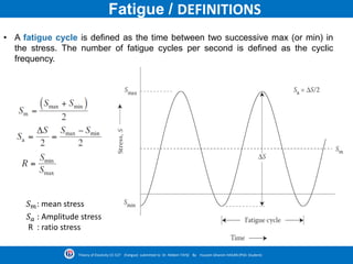 Fatigue / DEFINITIONS
• A fatigue cycle is defined as the time between two successive max (or min) in
the stress. The number of fatigue cycles per second is defined as the cyclic
frequency.
𝑆 𝑚: mean stress
𝑆 𝑎 : Amplitude stress
R : ratio stress
Theory of Elasticity CE-527 (Fatigue) submitted to Dr. Nildem TAYŞİ By Hussein Ghanim HASAN (PhD. Student)
 