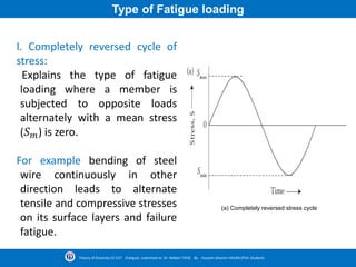 Type of Fatigue loading
I. Completely reversed cycle of
stress:
Explains the type of fatigue
loading where a member is
subjected to opposite loads
alternately with a mean stress
(𝑆 𝑚) is zero.
For example bending of steel
wire continuously in other
direction leads to alternate
tensile and compressive stresses
on its surface layers and failure
fatigue.
(a) Completely reversed stress cycle
Theory of Elasticity CE-527 (Fatigue) submitted to Dr. Nildem TAYŞİ By Hussein Ghanim HASAN (PhD. Student)
 