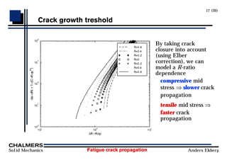 Fatigue crack propagation
Solid Mechanics Anders Ekberg
17 (20)
Crack growth treshold
By taking crack
closure into account
(using Elber
correction), we can
model a R-ratio
dependence
compressive mid
stress ⇒ slower crack
propagation
tensile mid stress ⇒
faster crack
propagation
 