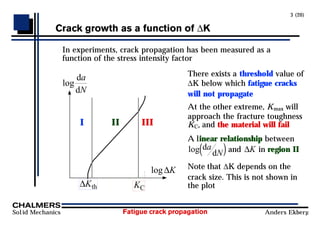 Fatigue crack propagation
Solid Mechanics Anders Ekberg
3 (20)
Crack growth as a function of ∆K
In experiments, crack propagation has been measured as a
function of the stress intensity factor
I II III
log
da
dN
log∆K
∆Kth KC
There exists a threshold value of
∆K below which fatigue cracks
will not propagate
At the other extreme, Kmax will
approach the fracture toughness
KC, and the material will fail
A linear relationship between
log d
d
a
N
( )and ∆K in region II
Note that ∆K depends on the
crack size. This is not shown in
the plot
 