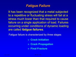 Ken Youssefi MAE dept., SJSU 1
It has been recognized that a metal subjected
to a repetitive or fluctuating stress will fail at a
stress much lower than that required to cause
failure on a single application of load. Failures
occurring under conditions of dynamic loading
are called fatigue failures.
Fatigue Failure
Fatigue failure is characterized by three stages
 Crack Initiation
 Crack Propagation
 Final Fracture
 