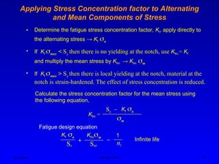 Ken Youssefi MAE dept., SJSU 33
Applying Stress Concentration factor to Alternating
and Mean Components of Stress
• Determine the fatigue stress concentration factor, Kf, apply directly to
the alternating stress → Kf a
• If Kf max < Sy then there is no yielding at the notch, use Kfm = Kf
and multiply the mean stress by Kfm → Kfm m
• If Kf max > Sy then there is local yielding at the notch, material at the
notch is strain-hardened. The effect of stress concentration is reduced.
Calculate the stress concentration factor for the mean stress using
the following equation,
Kfm =
Sy Kf a
m
nf
Se
1
=
Sut
Kf a Kfmm
+ Infinite life
Fatigue design equation
 