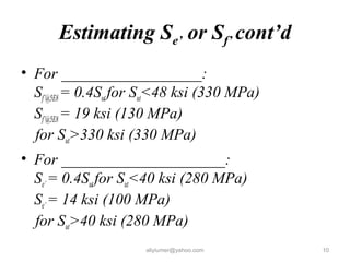 Estimating Se’ or Sf’ cont’d
• For __________________:
Sf’@5E8= 0.4Sutfor Sut<48 ksi (330 MPa)
Sf’@5E8= 19 ksi (130 MPa)
for Sut>330 ksi (330 MPa)
• For _____________________:
Se’= 0.4Sutfor Sut<40 ksi (280 MPa)
Se’= 14 ksi (100 MPa)
for Sut>40 ksi (280 MPa)
aliyiumer@yahoo.com 10
 