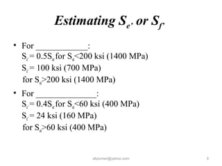 Estimating Se’ or Sf’
• For ____________:
Se’= 0.5Sut for Sut<200 ksi (1400 MPa)
Se’= 100 ksi (700 MPa)
for Sut>200 ksi (1400 MPa)
• For ______________:
Se’= 0.4Sut for Sut<60 ksi (400 MPa)
Se’= 24 ksi (160 MPa)
for Sut>60 ksi (400 MPa)
aliyiumer@yahoo.com 9
 