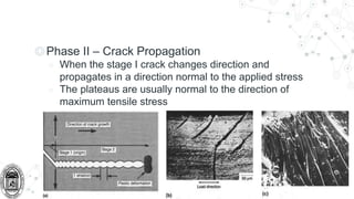 ◎Phase II – Crack Propagation
○ When the stage I crack changes direction and
propagates in a direction normal to the applied stress
○ The plateaus are usually normal to the direction of
maximum tensile stress
 