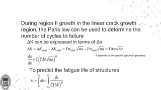 ◎During region II growth in the linear crack growth
region, the Paris law can be used to determine the
number of cycles to failure
○ ΔK can be expressed in terms of Δσ
Y depends on the specific specimen geometry
• To predict the fatigue life of structures
 