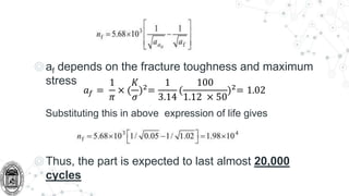 ◎af depends on the fracture toughness and maximum
stress
Substituting this in above expression of life gives
◎Thus, the part is expected to last almost 20,000
cycles
𝑎𝑓 =
1
𝜋
× (
𝐾
𝜎
)2
=
1
3.14
(
100
1.12 × 50
)2
= 1.02
 