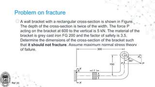 Problem on fracture
◎A wall bracket with a rectangular cross-section is shown in Figure.
The depth of the cross-section is twice of the width. The force P
acting on the bracket at 600 to the vertical is 5 kN. The material of the
bracket is grey cast iron FG 200 and the factor of safety is 3.5.
Determine the dimensions of the cross-section of the bracket such
that it should not fracture. Assume maximum normal stress theory
of failure.
Ref: [4]
 
