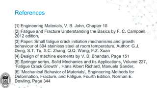 References
[1] Engineering Materials, V. B. John, Chapter 10
[2] Fatigue and Fracture Understanding the Basics by F. C. Campbell,
2012 edition,
[3] Paper: Small fatigue crack initiation mechanisms and growth
behaviour of 304 stainless steel at room temperature, Author: G.J.
Deng, S.T. Tu, X.C. Zhang, Q.Q. Wang, F.Z. Xuan
[4] Design of machine elements by V. B. Bhandari, Page 151
[5] Springer series, Solid Mechanics and Its Applications, Volume 227,
‘Fatigue Crack Growth’ , Hans Albert Richard, Manuela Sander,
[6] ‘Mechanical Behavior of Materials’, Engineering Methods for
Deformation, Fracture, and Fatigue, Fourth Edition, Norman E.
Dowling, Page 344
 