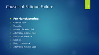 Causes of Fatigue Failure
 Pre Manufacturing
a) Oversize hole
b) Porosities
c) Incorrect fastener pitch
d) Alternative fastener type
e) Part out of tolerance
f) False cut
g) Deep countersunk
h) Alternative material used
11
 
