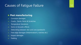 Causes of Fatigue Failure
 Post manufacturing
a) Corrosion damages
b) Cracks , Dents, Nicks & Scratches
c) Temperature Variations
d) Sonic or Acoustic effects
e) Debonding between skin and core (sandwich)
f) Free edge damages (Delamination's, notches etc.)
g) Impact damages
h) Fretting
12
 