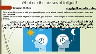 What are the causes of fatigue?
Circadian Rhythms
 Circadian Rhythms – is a 24 hour period in your body, where you will feel the natural urges to sleep, eat,
rest, and work.
 When your Circadian Rhythm is disturbed, you may feel : tired, hungry, or restless at different times of
the day.
‫البيولوجية‬ ‫الساعة‬ ‫ايقاعات‬
-
‫فترة‬ ‫هي‬ ‫البيولوجية‬ ‫الساعات‬ ‫ايقاعات‬
24
‫ستشعر‬ ‫حيث‬ ، ‫جسمك‬ ‫في‬ ‫ساعة‬
.
‫اليومي‬ ‫إيقاعك‬ ‫يكون‬ ‫عندما‬ ‫والعمل‬ ، ‫والراحة‬ ، ‫واألكل‬ ، ‫للنوم‬ ‫الطبيعية‬ ‫بالدوافع‬
. :
‫اليوم‬ ‫من‬ ‫مختلفة‬ ‫أوقات‬ ‫في‬ ‫القلق‬ ‫أو‬ ‫الجوع‬ ‫أو‬ ‫التعب‬ ‫يلي‬ ‫بما‬ ‫تشعر‬ ‫قد‬ ، ‫ا‬ً‫ب‬‫مضطر‬
 