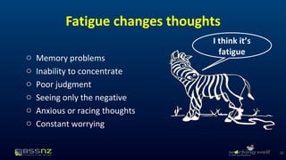 Fatigue changes thoughts 
o Memory problems 
o Inability to concentrate 
o Poor judgment 
o Seeing only the negative 
o Anxious or racing thoughts 
o Constant worrying 
10 
I think it’s 
fatigue 
 