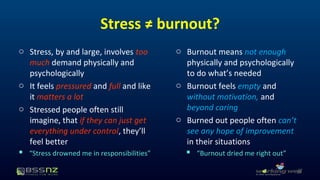 Stress ≠ burnout? 
o Stress, by and large, involves too 
much demand physically and 
psychologically 
o It feels pressured and full and like 
it matters a lot 
o Stressed people often still 
imagine, that if they can just get 
everything under control, they’ll 
feel better 
 “Stress drowned me in responsibilities” 
o Burnout means not enough 
physically and psychologically 
to do what’s needed 
o Burnout feels empty and 
without motivation, and 
beyond caring 
o Burned out people often can’t 
see any hope of improvement 
in their situations 
 “Burnout dried me right out” 
19 
 