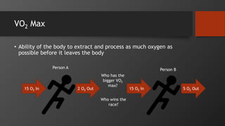 VO2 Max
• Ability of the body to extract and process as much oxygen as
possible before it leaves the body
Person A Person B
15 O2 In 2 O2 Out 15 O2 In 5 O2 Out
Who has the
bigger VO2
max?
Who wins the
race?
 