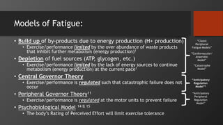 Models of Fatigue:
• Build up of by-products due to energy production (H+ production)
• Exercise/performance limited by the over abundance of waste products
that inhibit further metabolism (energy production)1
• Depletion of fuel sources (ATP, glycogen, etc.)
• Exercise/performance limited by the lack of energy sources to continue
metabolism (energy production) at the current pace1
• Central Governor Theory
• Exercise/performance is regulated such that catastrophic failure does not
occur
• Peripheral Governor Theory11
• Exercise/performance is regulated at the motor units to prevent failure
• Psychobiological Model 14 & 15
• The body’s Rating of Perceived Effort will limit exercise tolerance
“Classic
Peripheral
Fatigue Models”
“Cardiovascular/
Anaerobic
Model”
“Catastrophe
Model”
“Anticipatory
Regulation
Model”2
“Anticipatory
Peripheral
RegulatIon
Model”
 