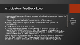 Anticipatory Feedback Loop
• A system at homeostasis experiences a stimulus that causes a change to
the system
• Change is sensed by brain/control center of the system
• Brain/control center signals a response that returns system to
homeostasis
• Think a thermostat in your house
• Anticipatory because the brain is trying to prevent changes to
homeostasis before they occur, thus the response is happening as a
prediction of the stimulus (sometimes referred to as teleoanticipatory
due to taking into account mental aspects)
Versus a positive feedback loop in which a stimulus creates a response
that further enhances that responses (i.e. oxytocin release during
childbirth increases contractions and the release of more oxytocin)
Basic
Negative
Feedback
Loop
 