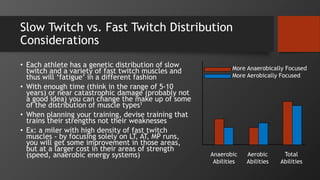 Slow Twitch vs. Fast Twitch Distribution
Considerations
• Each athlete has a genetic distribution of slow
twitch and a variety of fast twitch muscles and
thus will ‘fatigue’ in a different fashion
• With enough time (think in the range of 5-10
years) or near catastrophic damage (probably not
a good idea) you can change the make up of some
of the distribution of muscle types1
• When planning your training, devise training that
trains their strengths not their weaknesses
• Ex: a miler with high density of fast twitch
muscles - by focusing solely on LT, AT, MP runs,
you will get some improvement in those areas,
but at a larger cost in their areas of strength
(speed, anaerobic energy systems) Anaerobic
Abilities
Aerobic
Abilities
Total
Abilities
More Anaerobically Focused
More Aerobically Focused
 