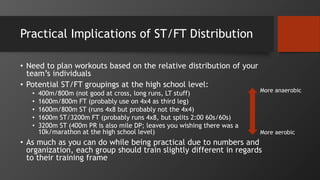 Practical Implications of ST/FT Distribution
• Need to plan workouts based on the relative distribution of your
team’s individuals
• Potential ST/FT groupings at the high school level:
• 400m/800m (not good at cross, long runs, LT stuff)
• 1600m/800m FT (probably use on 4x4 as third leg)
• 1600m/800m ST (runs 4x8 but probably not the 4x4)
• 1600m ST/3200m FT (probably runs 4x8, but splits 2:00 60s/60s)
• 3200m ST (400m PR is also mile DP; leaves you wishing there was a
10k/marathon at the high school level)
• As much as you can do while being practical due to numbers and
organization, each group should train slightly different in regards
to their training frame
More anaerobic
More aerobic
 