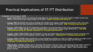 Practical Implications of ST/FT Distribution
Collegiate Level Groups at UMBC
• Sub A’s: 400m/800m (do not run cross at all, less long runs, more workouts, train more similar to 400m runners than
milers, LT stuff only in fall; volume range: 25-45 miles) – Speed Training Group during XC
• A Group: 800m specialists (run cross as training only, handle more volume, moderately successful at mile, more long
runs than Sub A’s, but more workouts than B Group, volume range: 30-70 miles) – Mids Training Group during XC
• B Group: 1500m/800m (can do LT, sometimes successfully, run cross sometimes with success and despite training,
volume closer to higher groups, but more workouts than C and D groups, volume range: 40-90 miles ) – Men Mids
Training Group during XC; Women Traditional XC Training Group during XC
• C Group: 1500m/3000m/5000m (big contributors in cross; can handle high volumes and decent amount of speed work,
ideally steeplers come from this group, volume range: 50-90 miles) – Traditional XC Training Group during XC
• D Group: 5000m/10,000m (big contributors in cross; borderline worthless in indoor as 5,000m is bottom of range, lots of
volume in both long runs and workouts, get sore very easily with speed work, volume range: 60-110 miles) –
Traditional Training Group during XC
• 400m Hurdlers: oddities; female runs xc workouts with women in fall and races, trains B group during indoor aiming for
1,000m, drops to modified Sub A group (add hurdle workouts) in outdoors; male runs with mids group in fall, runs
shorter 5k XC races for workouts, trains A group during indoor running 4x400m,800m, 1000m, trains modified Sub A
group in spring
 