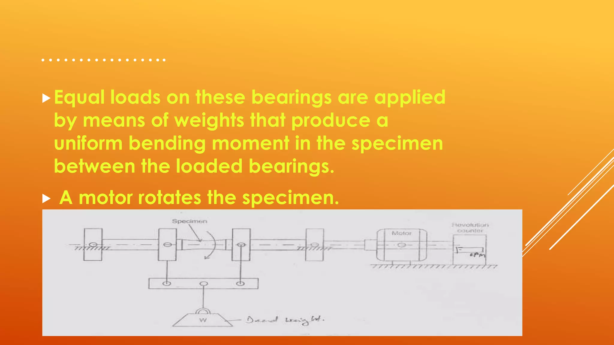 ……………..
Equal loads on these bearings are applied
by means of weights that produce a
uniform bending moment in the specimen
between the loaded bearings.
 A motor rotates the specimen.
 