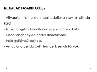.
NE KADAR BAŞARILI OLDU?
- Altyapıların tamamlanması hedeflenen sayının altında
kaldı.
- Tablet dağıtımı hedeflenen sayının altında kaldı.
- Hedeflenen sayıda derslik donatılmadı.
- Hala gelişim sürecinde.
- Amaçlar arasında belirtilen içerik zenginliği yok
 