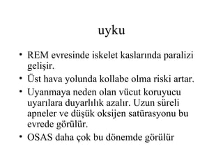 uyku
• REM evresinde iskelet kaslarında paralizi
  gelişir.
• Üst hava yolunda kollabe olma riski artar.
• Uyanmaya neden olan vücut koruyucu
  uyarılara duyarlılık azalır. Uzun süreli
  apneler ve düşük oksijen satürasyonu bu
  evrede görülür.
• OSAS daha çok bu dönemde görülür
 