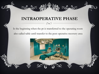 INTRAOPERATIVE PHASE
Is the beginning when the pt is transferred to the operating room
also called table until transfer to the post operative recovery area
 
