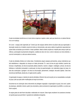 -ç


A sala de atividades transforma-se no local onde se organiza e regista o saber, pelo que deverá ser um sistema flexível,
vivo e em mudança.

Em suma o espaço está organizado por “cantos”,que são espaços abertos dentro da própria sala,cuja organização e
decoração resulta de um trabalho conjunto de todos os intervenientes, este senso coletivo é igualmente responsável por
quase todas as decisões que envolvem o nosso quotidiano .Neste contexto propõe-se o respeito pela criança e pela sua
infância, a priorização do pensamento divergente, a estética da vida e do viver, o amor à natureza e ao meio ambiente, o
convívio humanizador e o culto aos valores humanos.



A sala de atividades divide-se em várias áreas. Consideramos alguns espaços permanentes, porque entendemos que
são desafiadores e adequados às crianças em idade pré-escolar. É o caso da área de jogo simbólico (casinha das
bonecas e trapalhadas), da área da expressão plástica (desenho, recorte e colagem, modelagem, pintura), da área da
biblioteca e multimédia (computador e audiovisual), da área da experimentação e da matemática (jogos de mesa), da
área das construções e garagem e da área da comunicação, planeamento, avaliação, discussão (tapete). Cada área
encontra-se identificada, através de um registo escrito e gráfico


A organização do espaço e materiais da sala de atividades é flexível e faz-se de acordo com as necessidades e evolução
do grupo, pelo que pode sofrer modificações ao longo do ano letivo.


Encontram-se em construção vários instrumentos de pilotagem (regulação e organização do grupo), tais como: quadro
de presenças, calendário mensal, quadro dos aniversários, planos semanais de organização do portefólio, ou outros que
forem surgindo.


As regras gerais da sala foram discutidas e elaboradas em conjunto. Estas regras resultaram de sucessivas conversas
em grande grupo que permitiram ir ajustando às realidades emergentes.

                                                           25
 