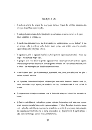 Áreas dentro da sala:


   Do conto, da narrativa, das canções, das lenga-lengas, dos trava – línguas, das adivinhas, das poesias, das
    conversas, das partilhas, das combinações.


   Do faz de conta, da imaginação, da liberdade de criar, da exteriorização do que me amargura ou dá prazer,
    daquilo que gostaria de ser, do que sou


   Do jogo de mesa, do jogo com regras (que devo respeitar, mas que ás vezes sabe bem não obedecer), do jogo
    com amigos e não só, onde os adultos também jogam comigo, onde também posso criar, descobrir,
    experimentar conceitos matemáticos e físicos.


   Do jogo de chão, onde as regras são mais flexíveis, faço igualmente experiências matemáticas e físicas, faço
    amigos e menos amigos, imagino e crio.
   Da garagem onde posso brincar e aprender regras de transito e segurança rodoviária ( vão ser expostos
    cartazes sobre prevenção e colocando um tapete de grandes dimensões com o esquema de uma cidade,sinais
    de transito e todo material produzido relacionado com esta temática.


   Da Arte que tanto gosto e que me permitem sujar, experimentar, sentir, cheirar, criar, recriar, viver com gosto e
    liberdade momentos deliciosos.


   Das expressões com materias adequados a aprendizagens mais formais, matemática e escrita - onde crio,
    invento, mas também cumpro regras lógicas, aperfeiço o meu traço, a minha capacidade de cortar, de colar, de
    escrever.


   Da nossa natureza, onde vejo como se trata, como se desenvolve, onde posso tratar sozinho, ver nascer, ver
    crescer.


   Do Cantinho multimédia onde a utilização dos recursos existentes :Do computador, onde posso jogar, escrever,
    compor textos, começar afinal a ser menino grande que vai para o 1.º ciclo. ( Computador, impressora, acesso
    à net e aplicações multimédia, vai preparar e criar competências no domínio da comunicação , da investigação,
    das expressões e principalmente, criar na criança a necessidade e o desenvolvimento do espírito crítico e o
    saber escolher a informação que mais lhe convém no momento).


                                                      26
 